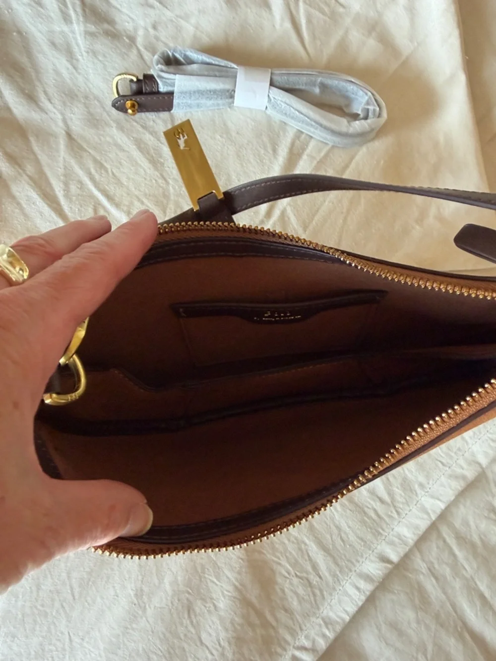 Alternative suede Chestnut Crescent Shoulder Bag with Dark Brown Trim - Picture 5 of 7